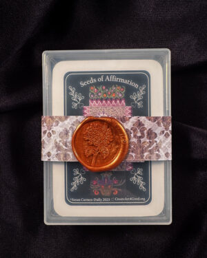 The original deck. a feminine figure on a black background sealed with a wax seal
