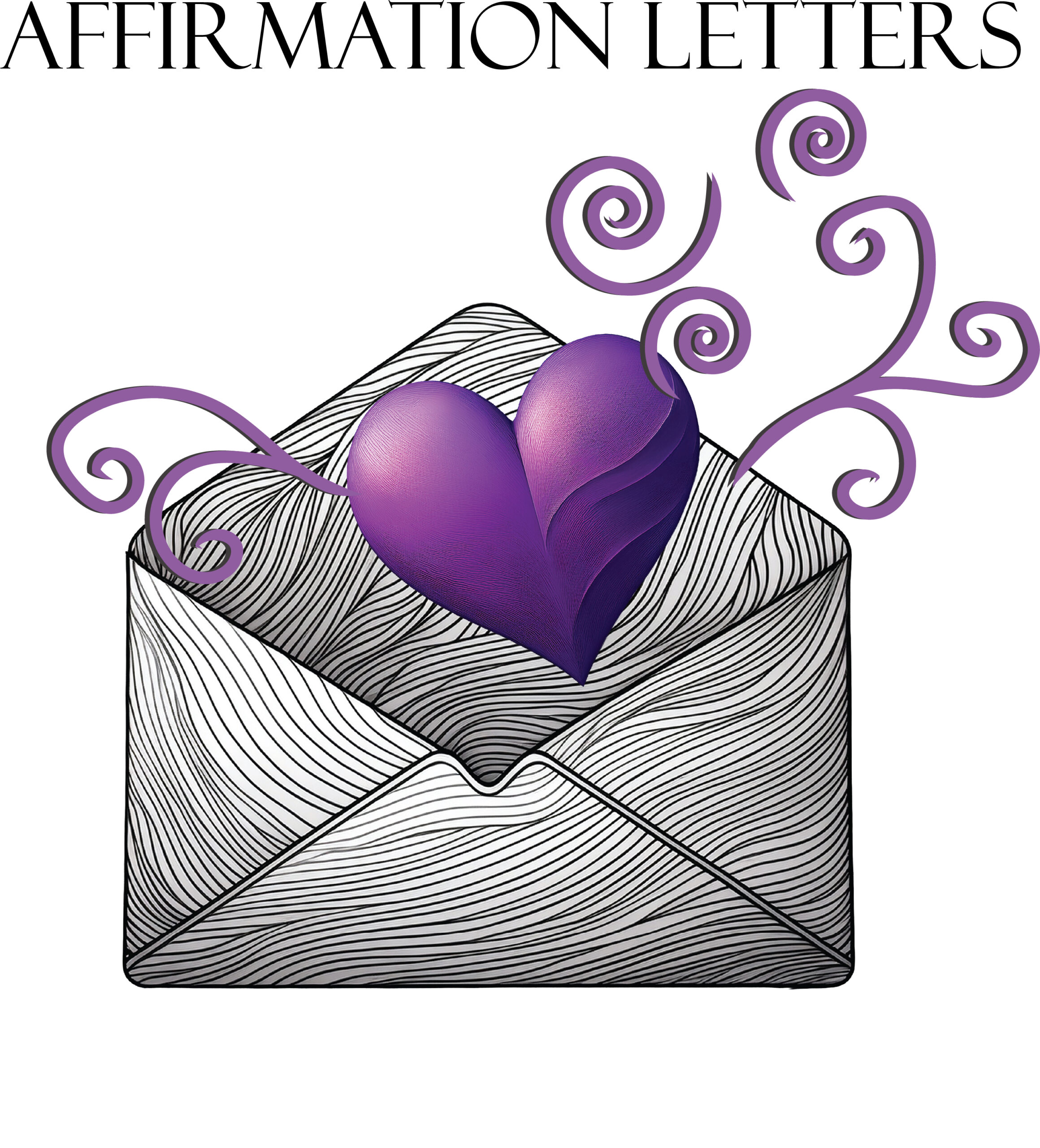 A detailed open envelope with a purple heart and swirls extended from the envelope. The text Affirmation Letters is across the top of the image. this is the official logo