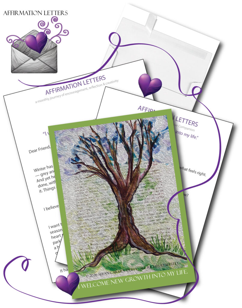 a mock up of the letter, prompts, and the print for April. It has a print of a tree on it.
