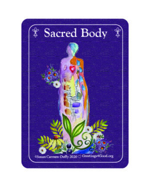 A colorful figure with plants at her feet, with the words Sacred Body across the top